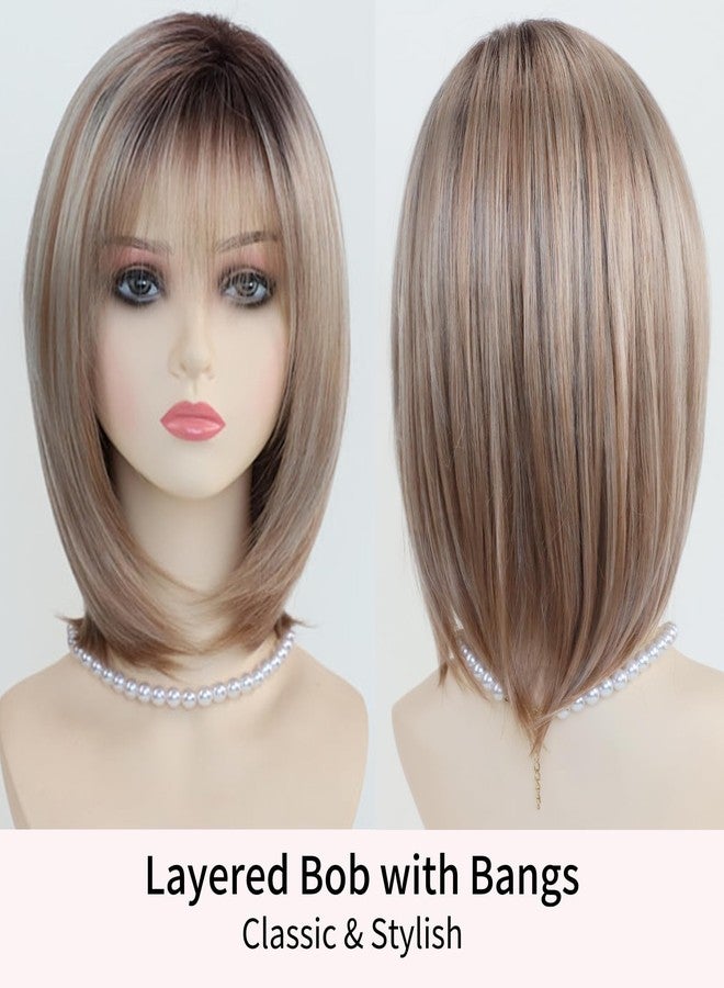 RENERSHOW Layered Blonde Bob Wigs for White Women with Bangs Straight Short Hair Wig Synthetic Ombre Blonde Highlight Bobo Haircuts 12inch Average Size Natural Daily Party Wig - Image 3